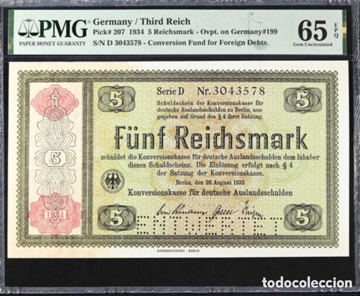 Billetes extranjeros: Billete Germany Third Reich 5 Reichsmark 1934 PMG 65 Pick 207