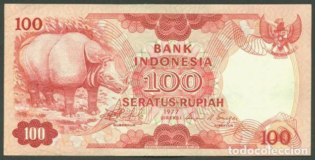 Billetes extranjeros: INDONESIA. 100 rupiah 1977. Pick 116. Fauna, rinoceronte de Java.