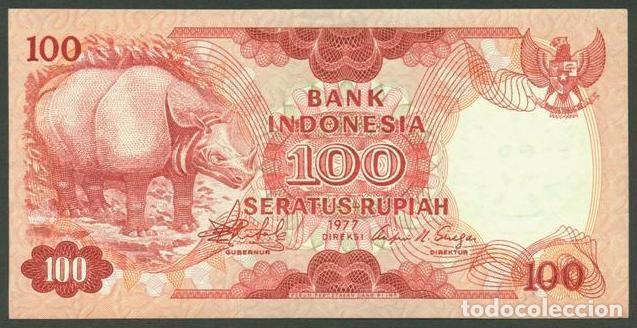 Billetes extranjeros: INDONESIA. 100 rupiah 1977. Pick 116. Fauna, rinoceronte de Java.