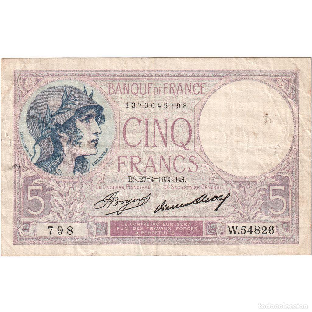 Billetes extranjeros: [#1185371] Francia, 5 Francs, Violet, 1933-04-27, W.54826, BC+