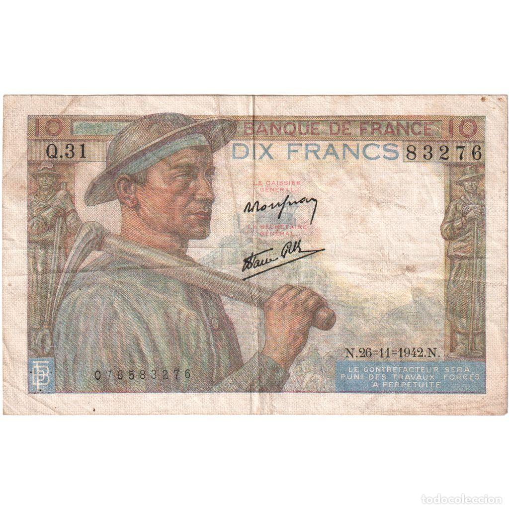 Billetes extranjeros: [#1185374] Francia, 10 Francs, Mineur, 1942-11-26, Q.31, BC