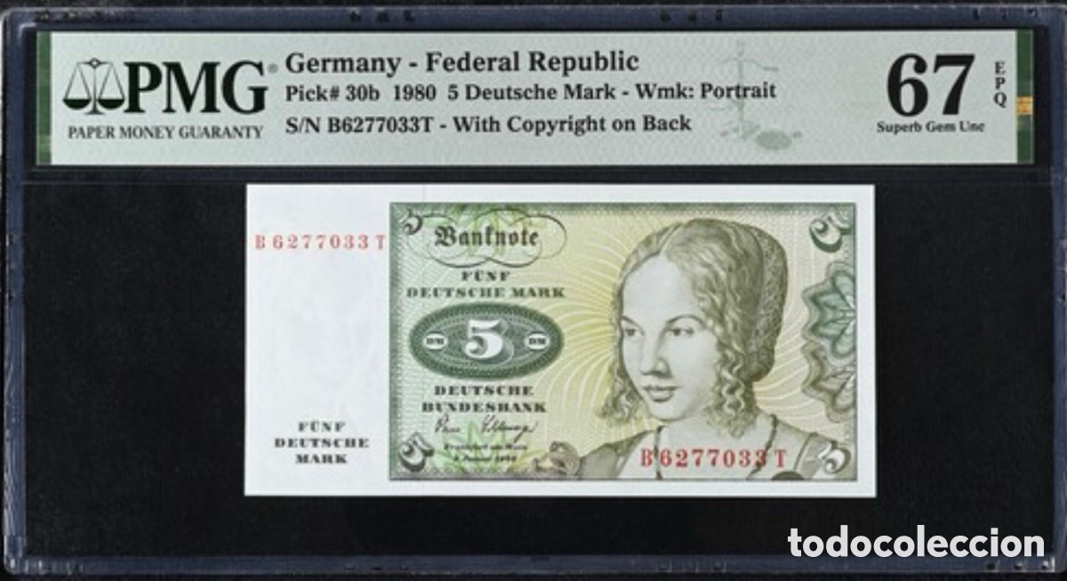 Billetes extranjeros: Billete Alemania 5 marcos 1980 PMG 67 pick 30b