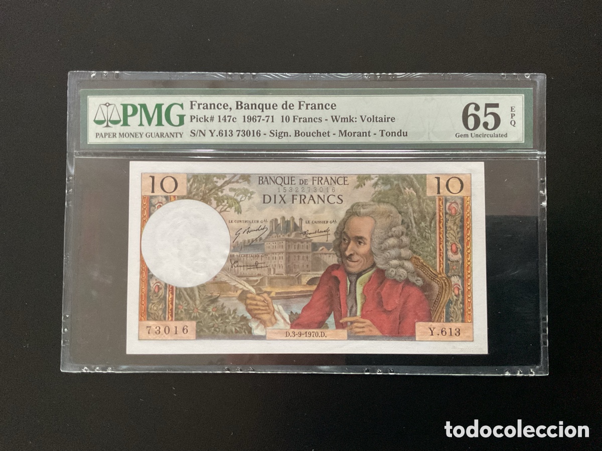 International Banknotes: Billete Francia 10 Francos 1967-71 PMG 65