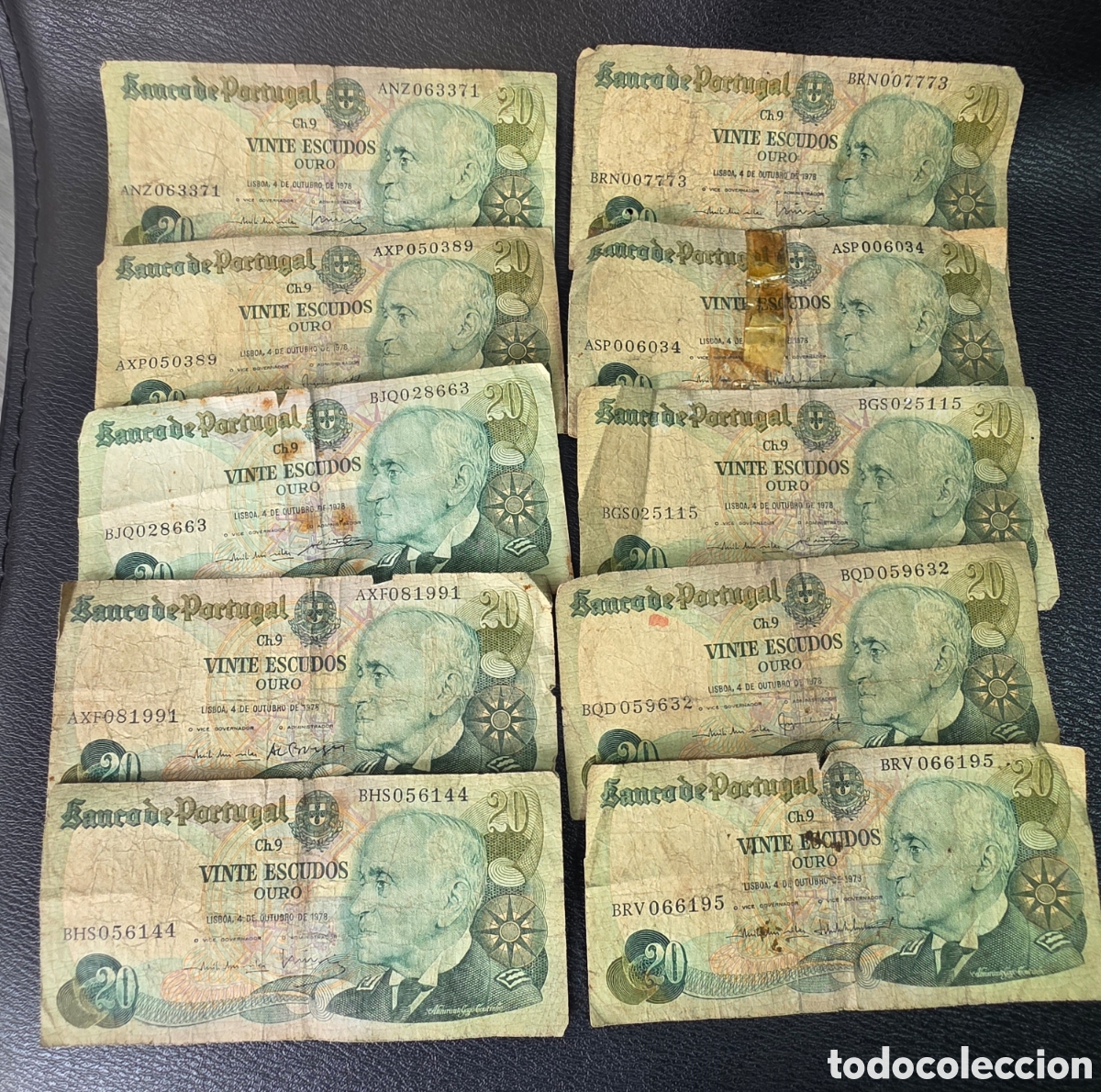 Billetes extranjeros: Lote de 10 billetes Portugal 20 escudos 1978