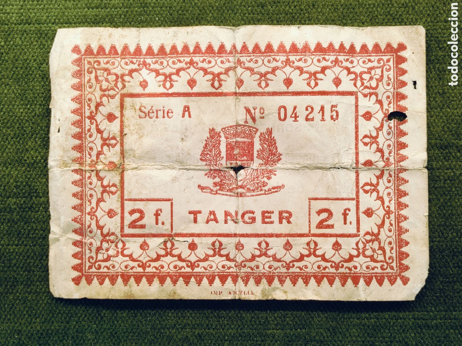 Billetes extranjeros: MUY RARO BILLETE . 2 FRANCOS TANGER SERIE A. A&Ntilde;O 1940