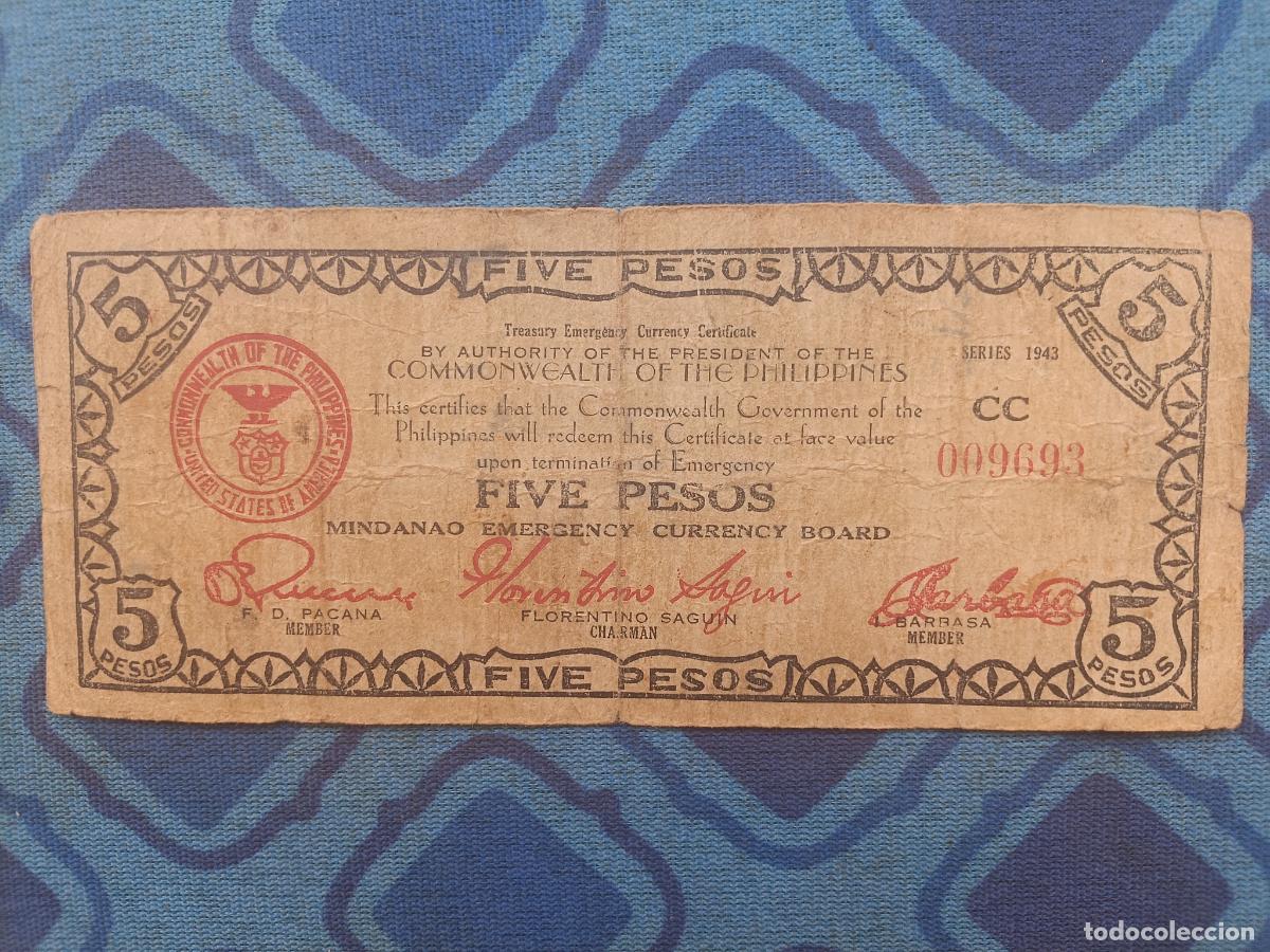 Billetes extranjeros: FILIPINAS MINDANAO 5 PESOS 1943