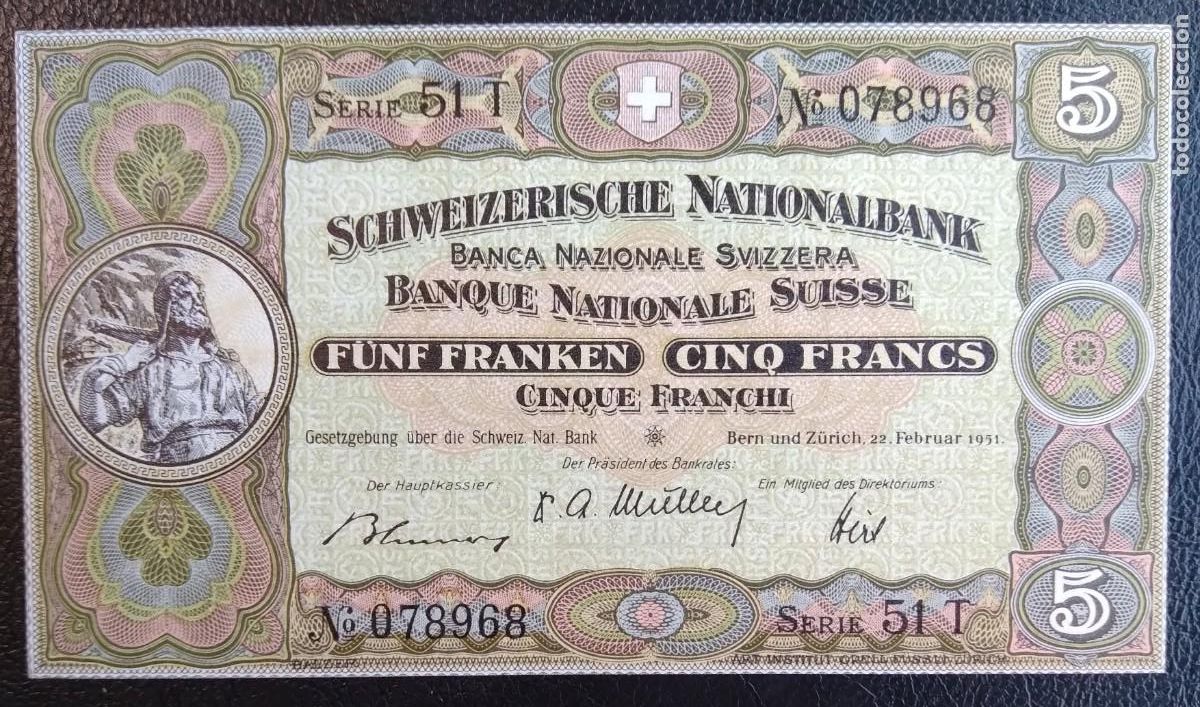 Billetes extranjeros: SUIZA*1951*CINQ FRANCS S/C