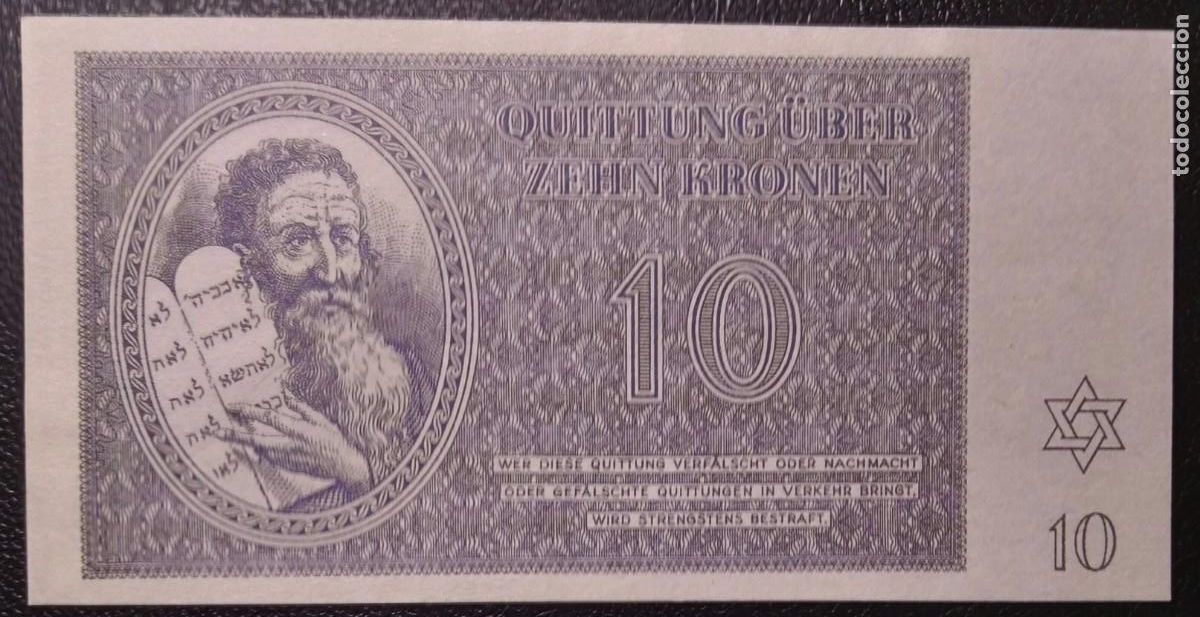 Billetes extranjeros: CHECOSLOVAQUIA 1943* 10 KRONEN S/C *MOISES Y TABLA DE LA LEY* 10 MANDAMIENTOS * LA ESTRELLA DE DAVID