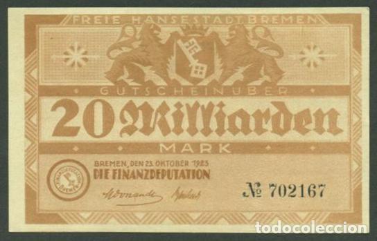 Notas Internacionais: ALEMANIA. Bremen. 20 milliarden mark 1923.