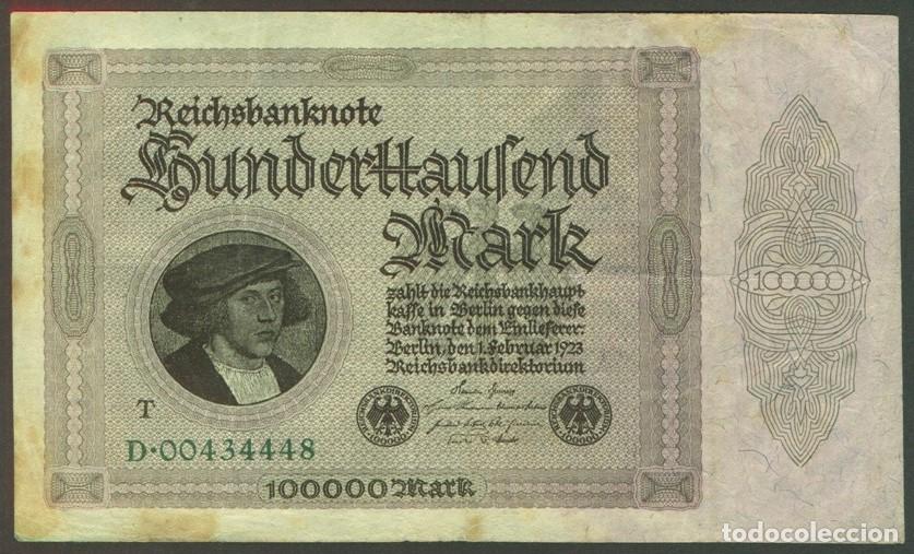 Notas Internacionais: ALEMANIA (Rep. Weimar). 100000 mark 1.2.1923. Pick 83 c. Con la T a la izq. del retrato. 1 N&ordm; de ser