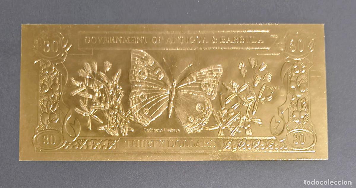 Billetes extranjeros: CARIBE BRITANICO. ANTIGUA BARBUDA. 30 $ (1983). Pick CS1e. Mariposa Junonia genoveva, petrea Dorado.