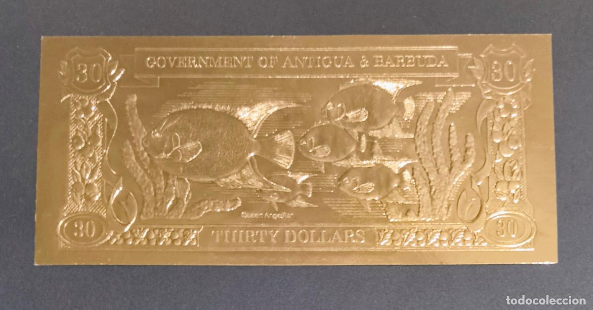 Billetes extranjeros: CARIBE BRITANICO. ANTIGUA & BARBUDA. 30 $ (1983). Pick CS1d. Pez angel reina, coral. Dorado.