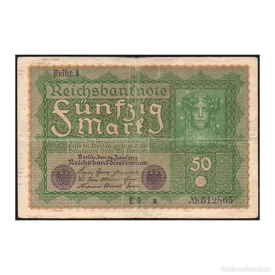 Billetes extranjeros: Alemania 1919 [BLL] Reichsbanknote. 50 Marcos (BC+)