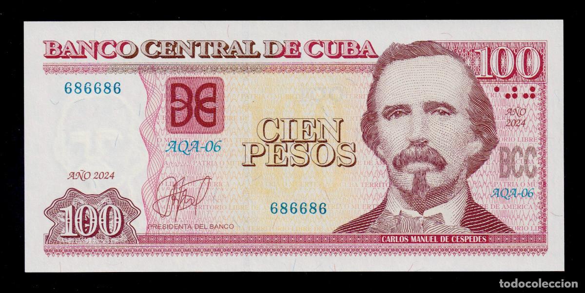 Billetes extranjeros: CUBA 100 PESOS 2024 UNC/SC Pick.NL Serie 686686 Alfa AQA-06 RADAR (Capicúa) - ROTADOR (Muy Raro)