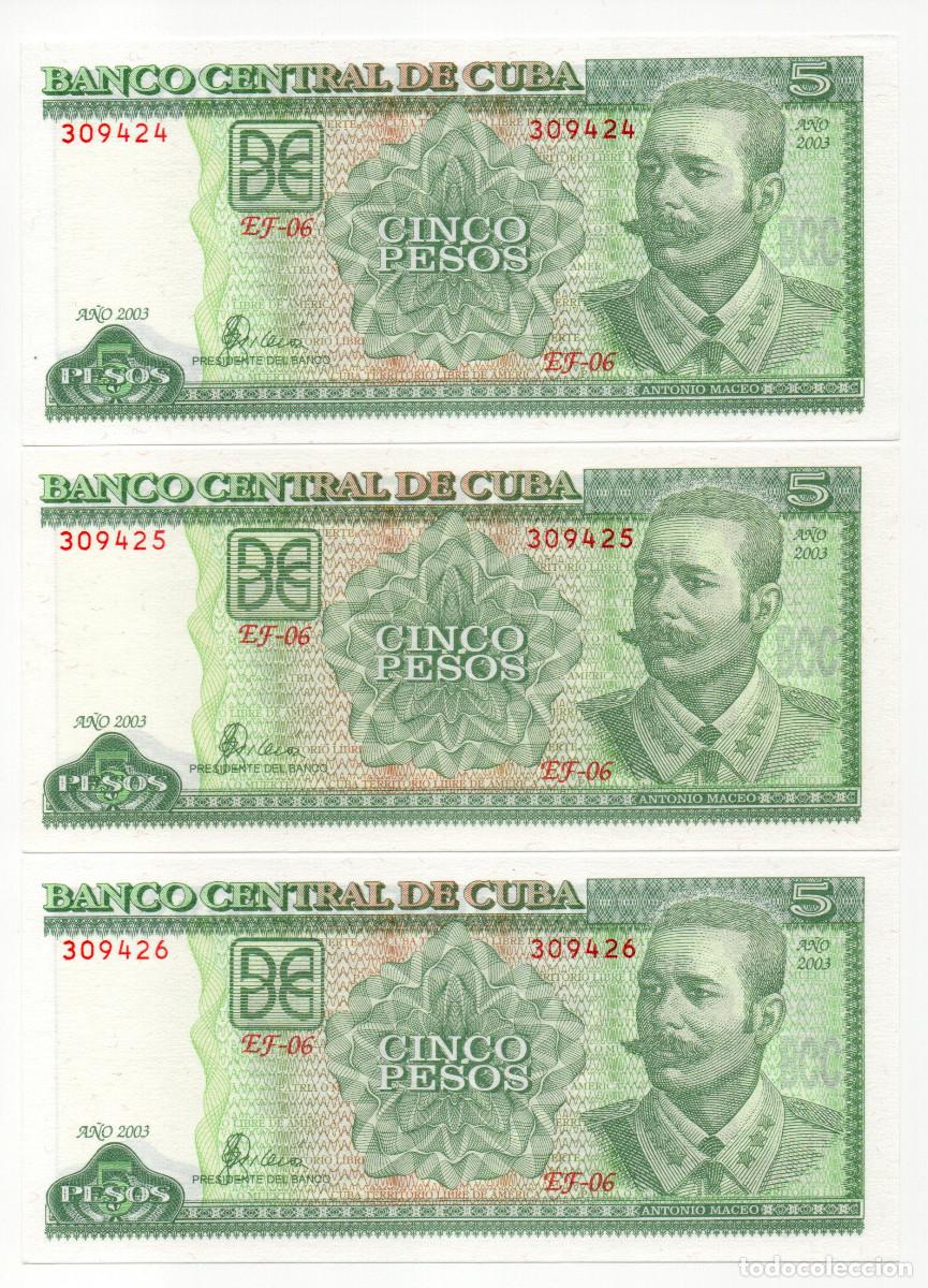 Billetes extranjeros: 3 Billetes Cuba 5 Pesos 2003 Correlativos SC