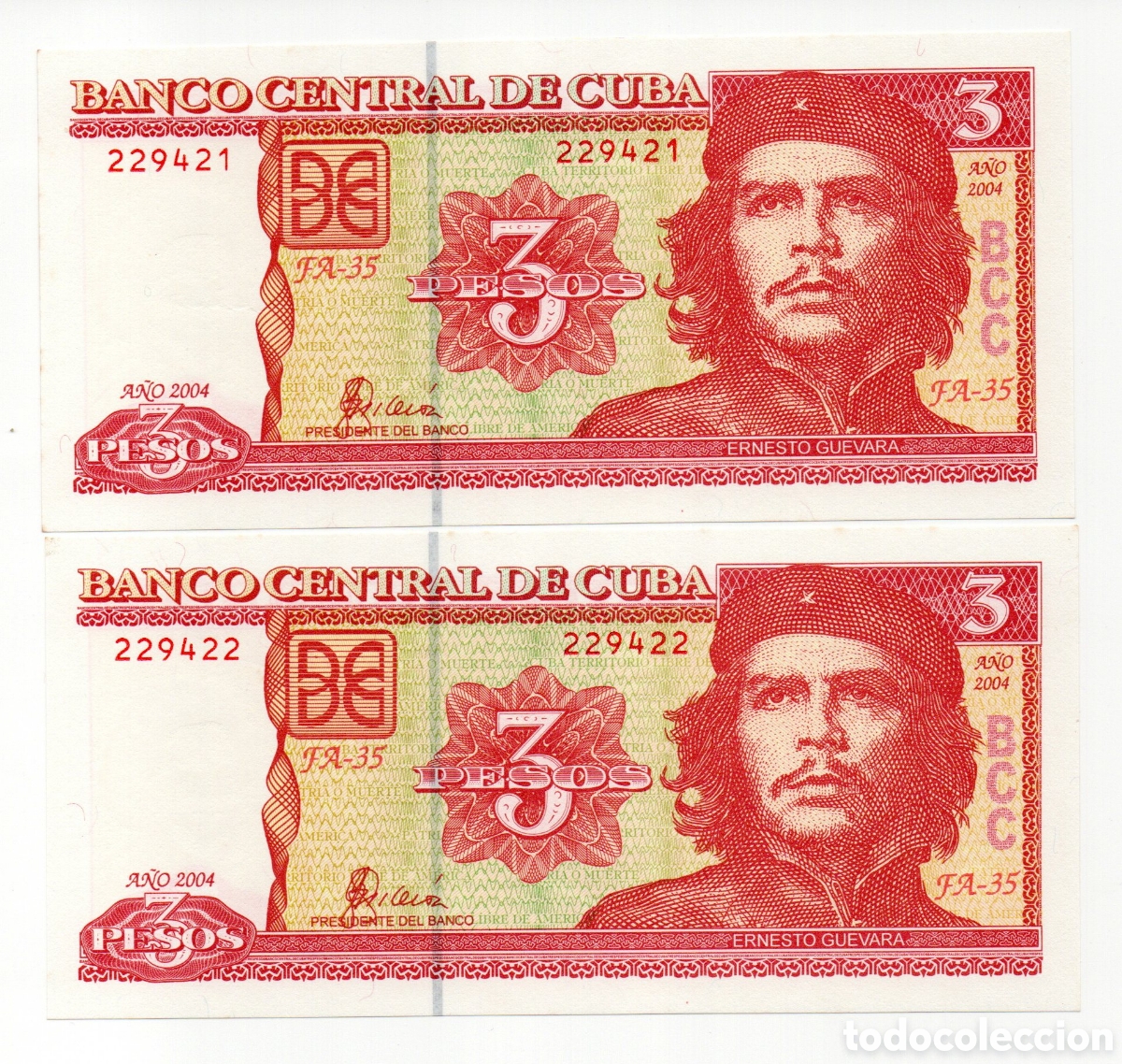 Billetes extranjeros: 2 Billetes Cuba 3 Pesos 2004 SC