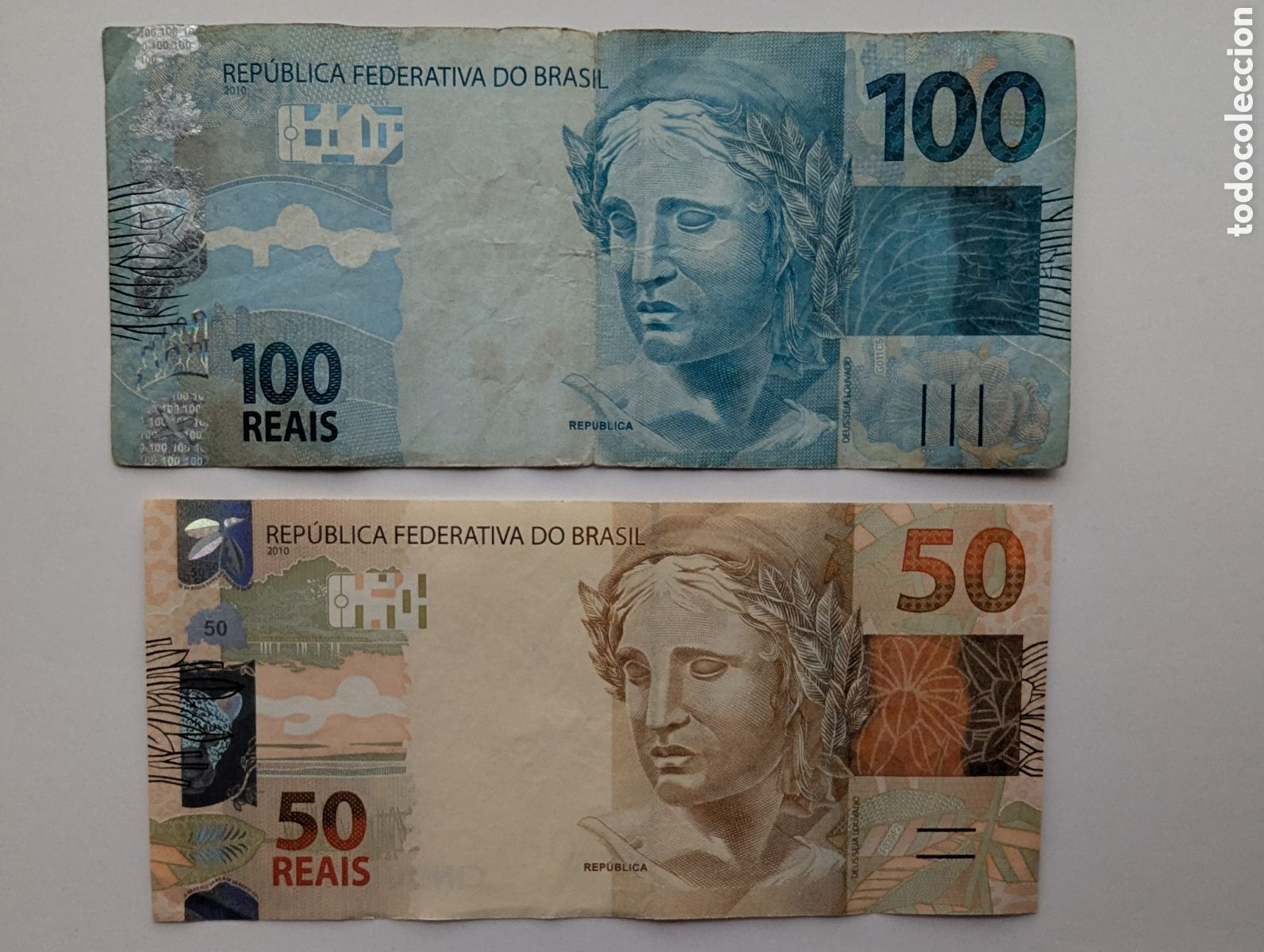 Billetes extranjeros: Brasil 2 billetes 50 y 100 reales 2010