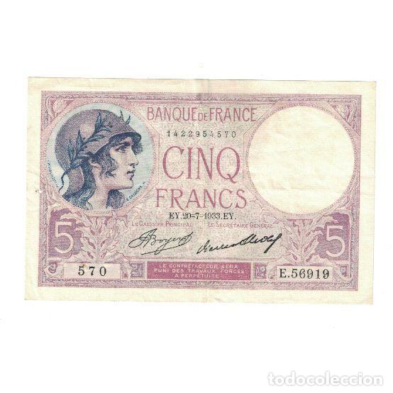 Billetes extranjeros: [#634728] Francia, 5 Francs, Violet, 1933, E.56919, MBC+, Fayette:3.17, KM:72e