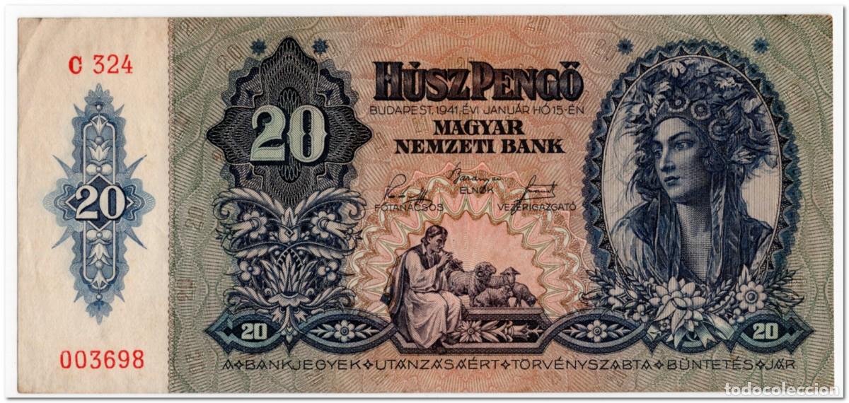 Billetes extranjeros: HUNGARY,20 PENGO,1941,P.109,VF+