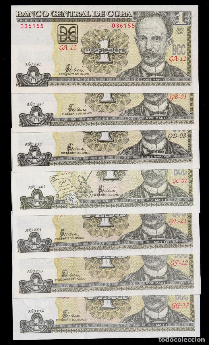 Billetes extranjeros: CUBA 1 PESO 2001 2002 2003 2004 2005 2006 2007 2008 2009 2010 2011 16-17 UNC/SC Pick.121 SET 14 BIL