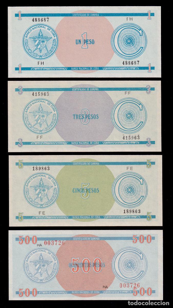 Billetes extranjeros: CUBA 1 PESO 3 PESOS 5 PESOS 500 PESOS 1987 UNC/SC Pick.FX11-12-13-18 CERTIFICADO DE DIVISA SET 4 SE