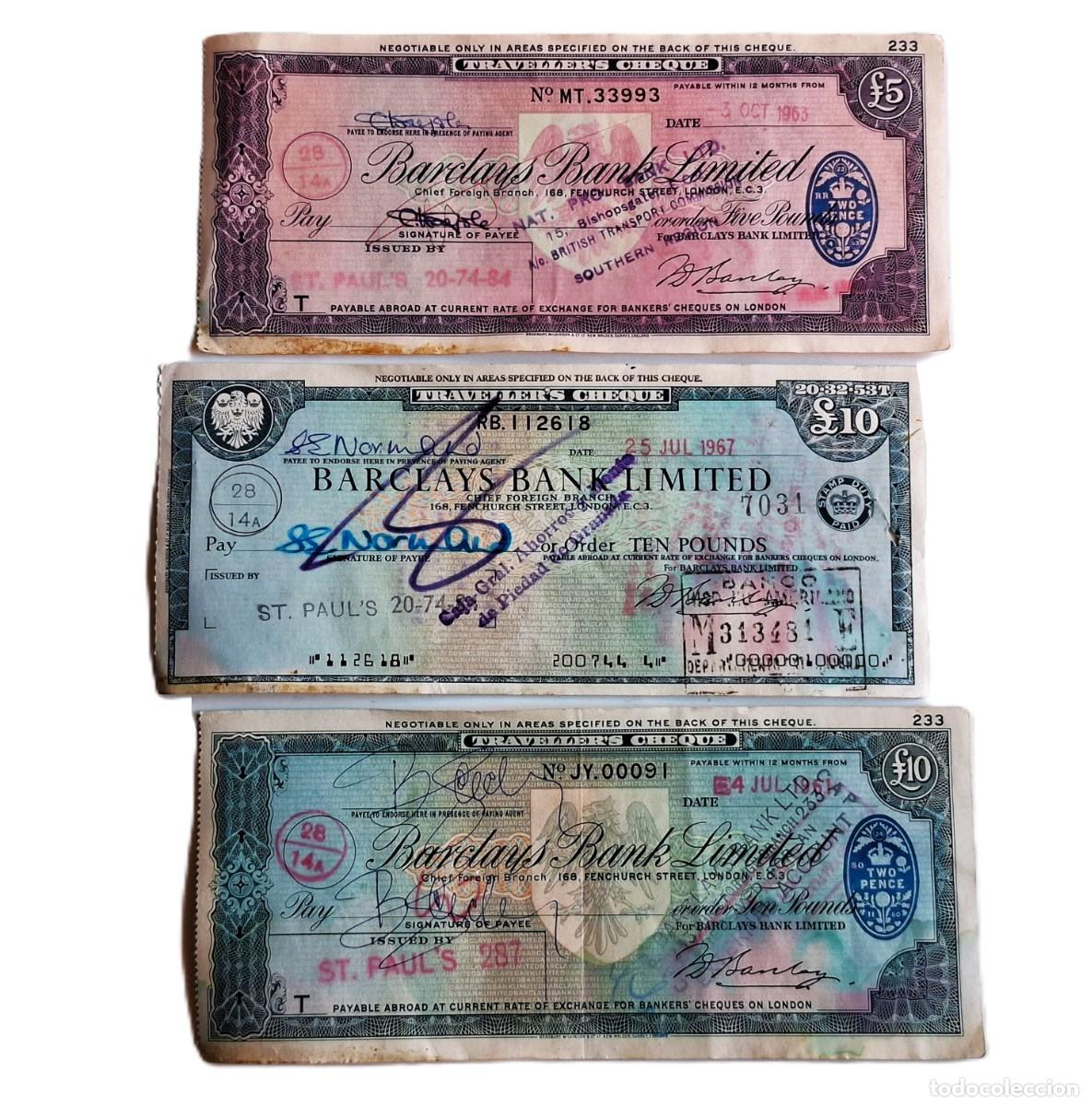 Billetes extranjeros: 1967 - 3 TRAVELLER'S CHEQUES DE 5, 2 Y 10 LIBRAS