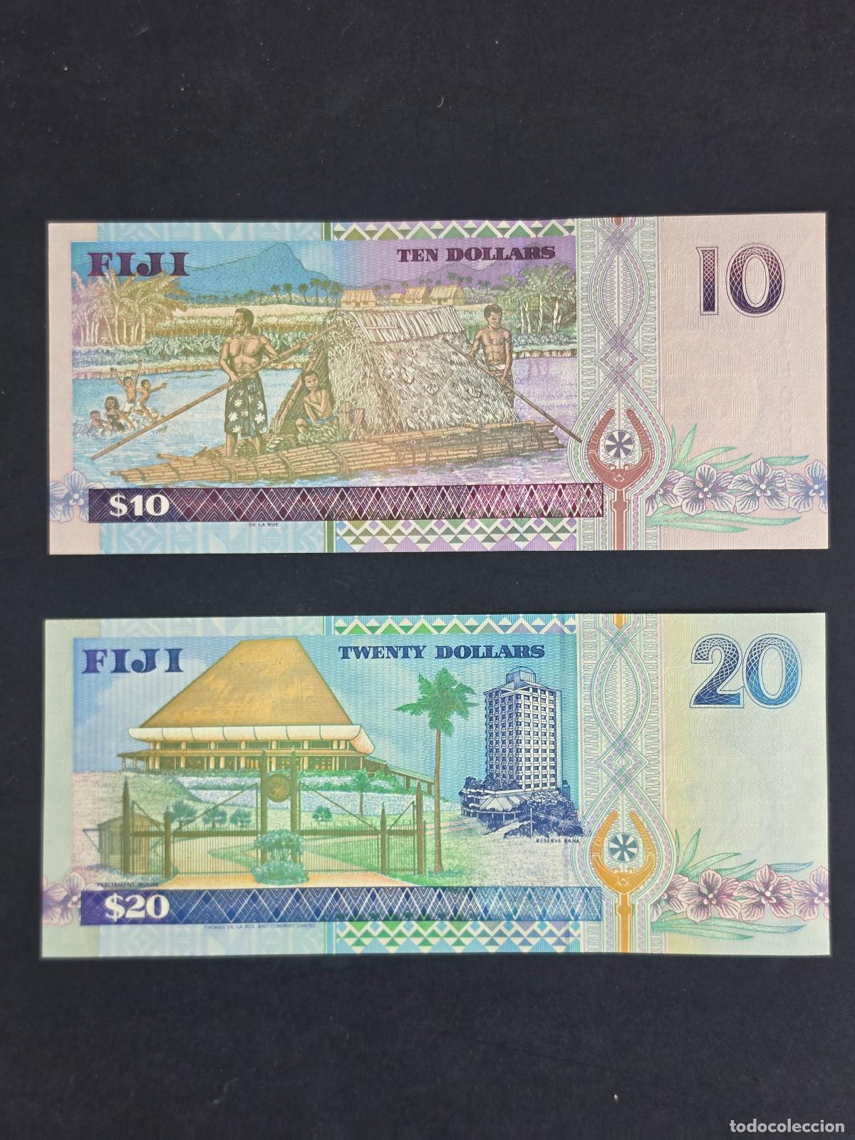 Billetes extranjeros: Fiji 10 y 20 d&oacute;lares 2007 Reina Isabel II &ndash; Pareja en plancha