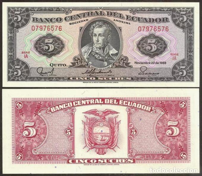Billetes extranjeros: ECUADOR. 5 sucres 1988. Pick 113d. S/C. Series IB, IC o ID.