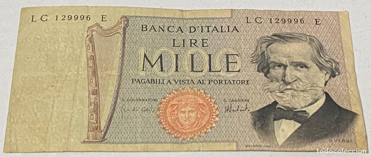 Billetes extranjeros: Billete 1975. 1000 Liras. Italia. P-101d. MBC. M&uacute;sico Giuseppe Verdi. Teatro Alla Scala, Mil&aacute;n. Arpa