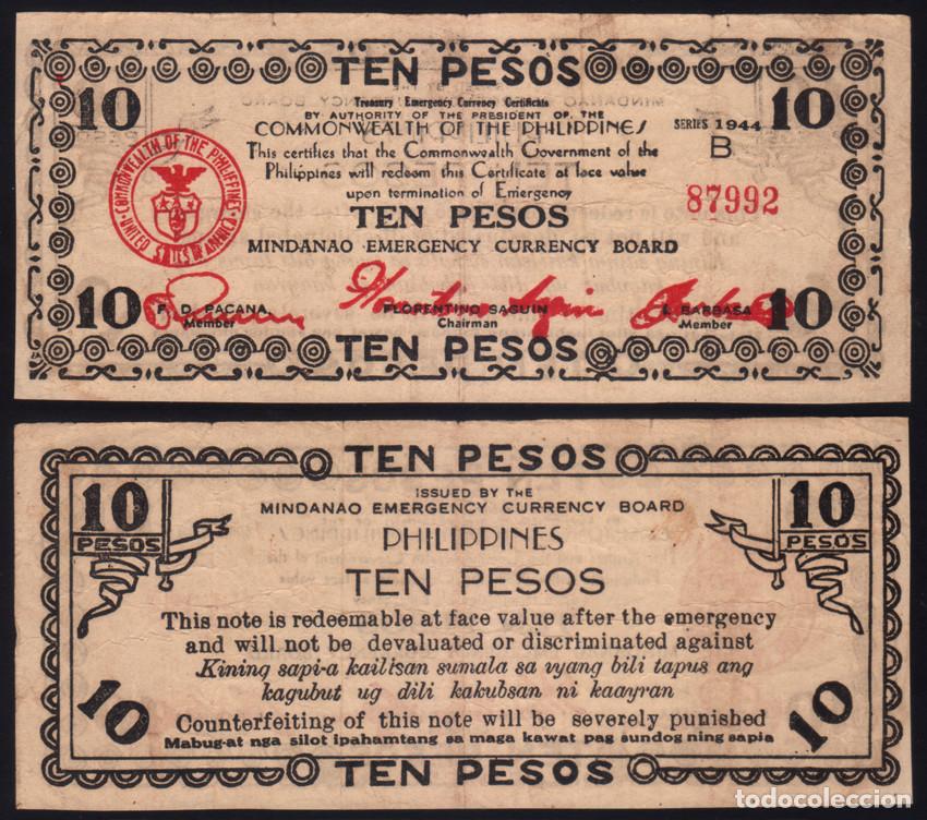 Internationale Banknoten: BILLETE FILIPINAS - MINDANAO - 10 PESOS - 1944 - M.B.C.