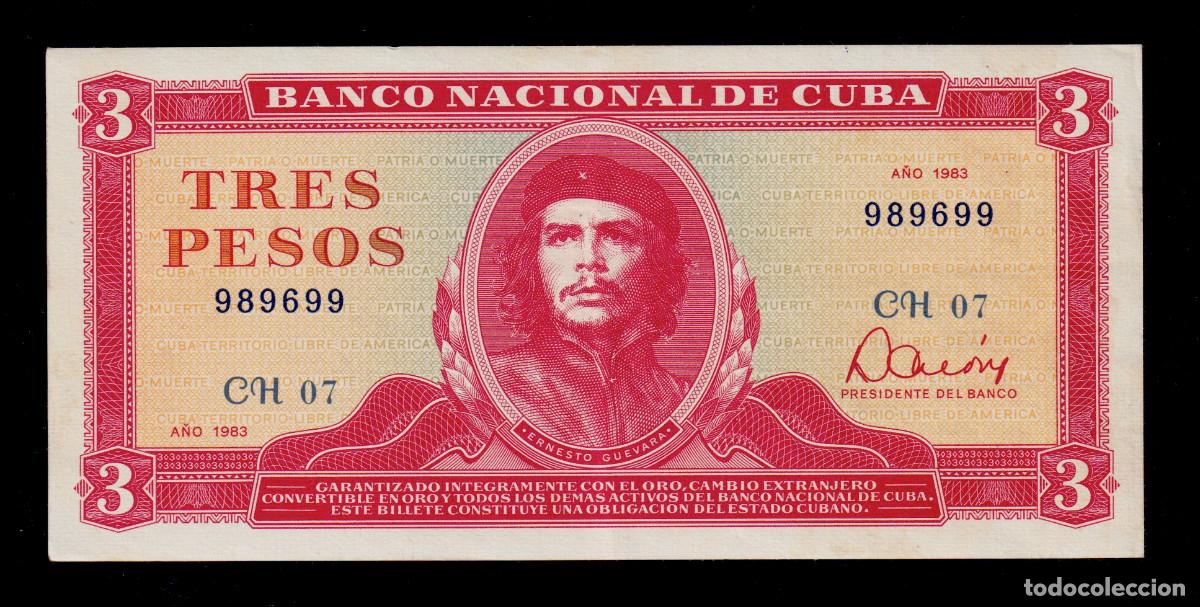 Billetes extranjeros: CUBA 3 PESOS 1983 XF/EBC- Pick.107a Serie 989699 Alfa CH-07 ROTADOR - FLIPPER- CHE GUEVARA