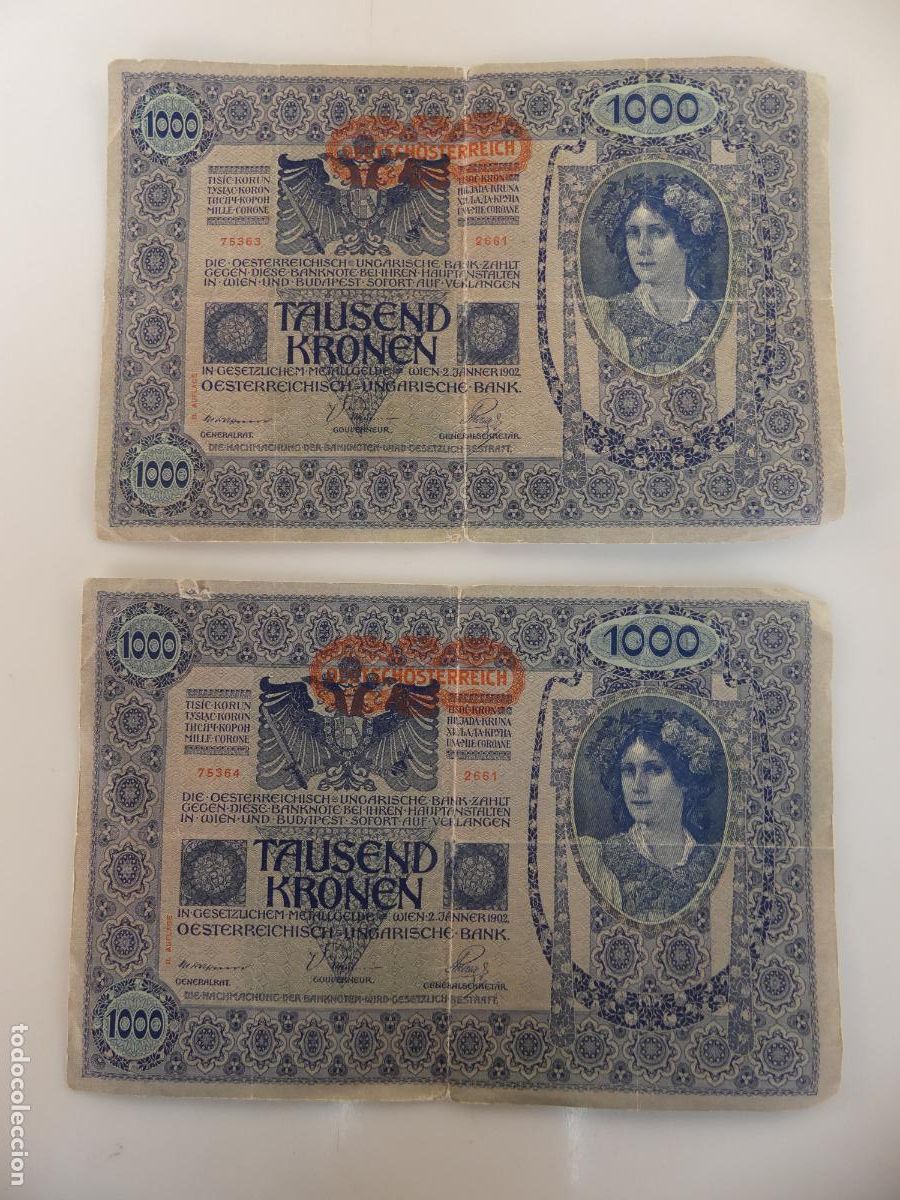 Billets internationaux: 2 ANTIGUOS BILLETES DE 1000 KRONEN AUSTROHUNGARAS A&Ntilde;O 1902 -- REF: 7
