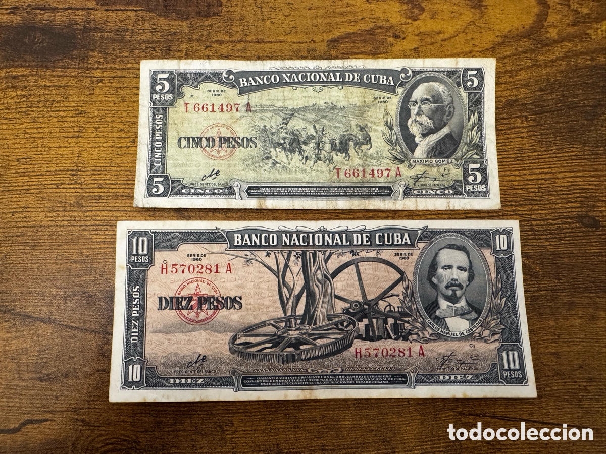 Billetes extranjeros: Lote 2 billetes de 5 y 10 pesos 1960 Cuba. Firma Che Guevara. Circulados