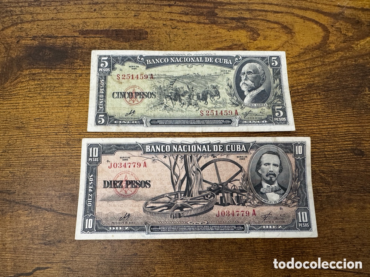 Billetes extranjeros: Lote 2 billetes de 5 y 10 pesos 1960 Cuba. Firma Che Guevara. Circulados