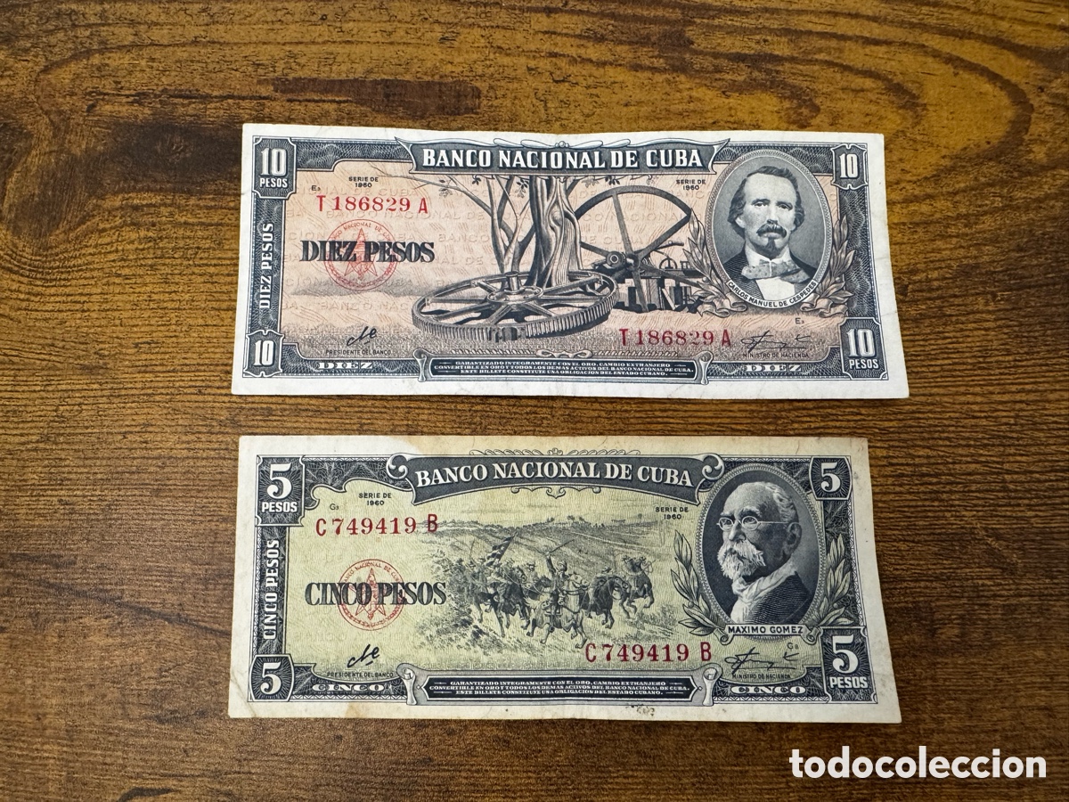 Billetes extranjeros: Lote 2 billetes de 5 y 10 pesos 1960 Cuba. Firma Che Guevara. Circulados