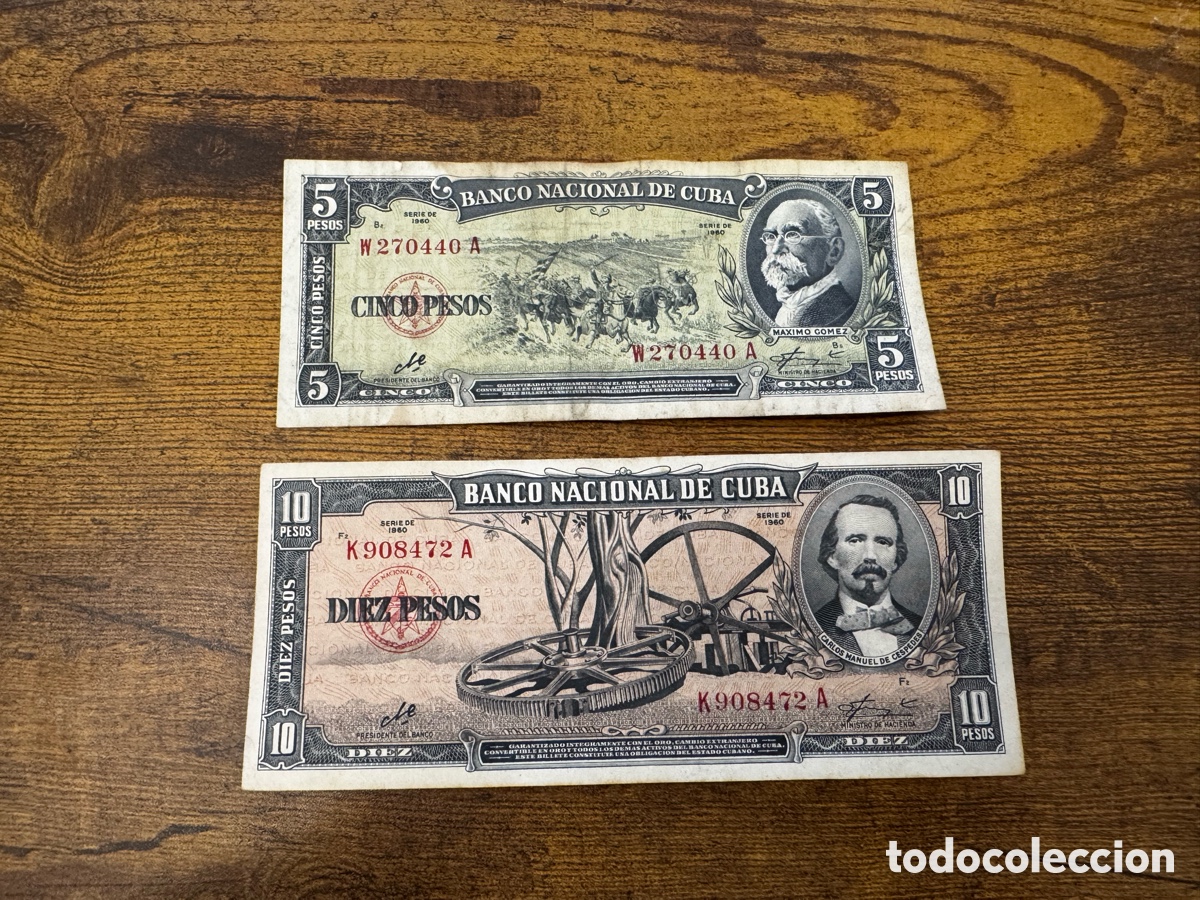 Billetes extranjeros: Lote 2 billetes de 5 y 10 pesos 1960 Cuba. Firma Che Guevara. Circulados