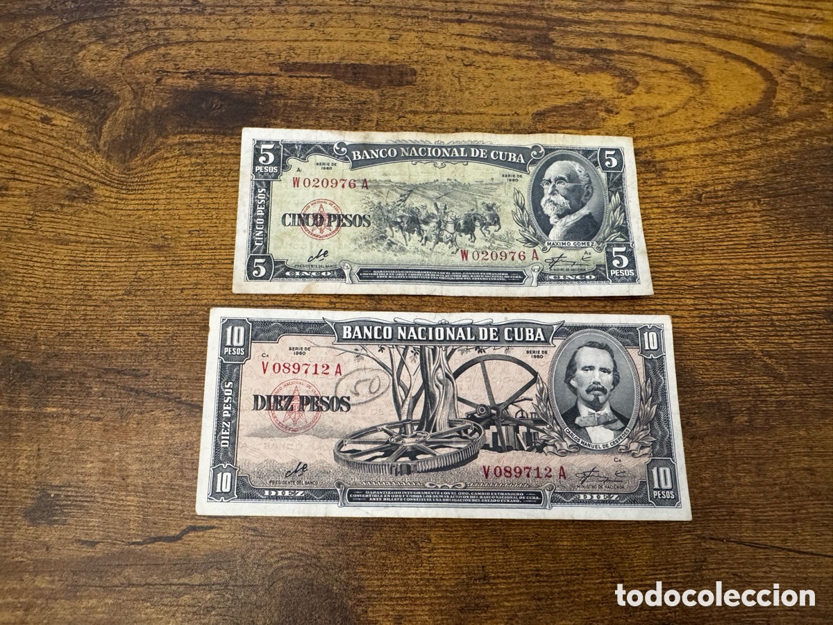 Billetes extranjeros: Lote 2 billetes de 5 y 10 pesos 1960 Cuba. Firma Che Guevara. Circulados