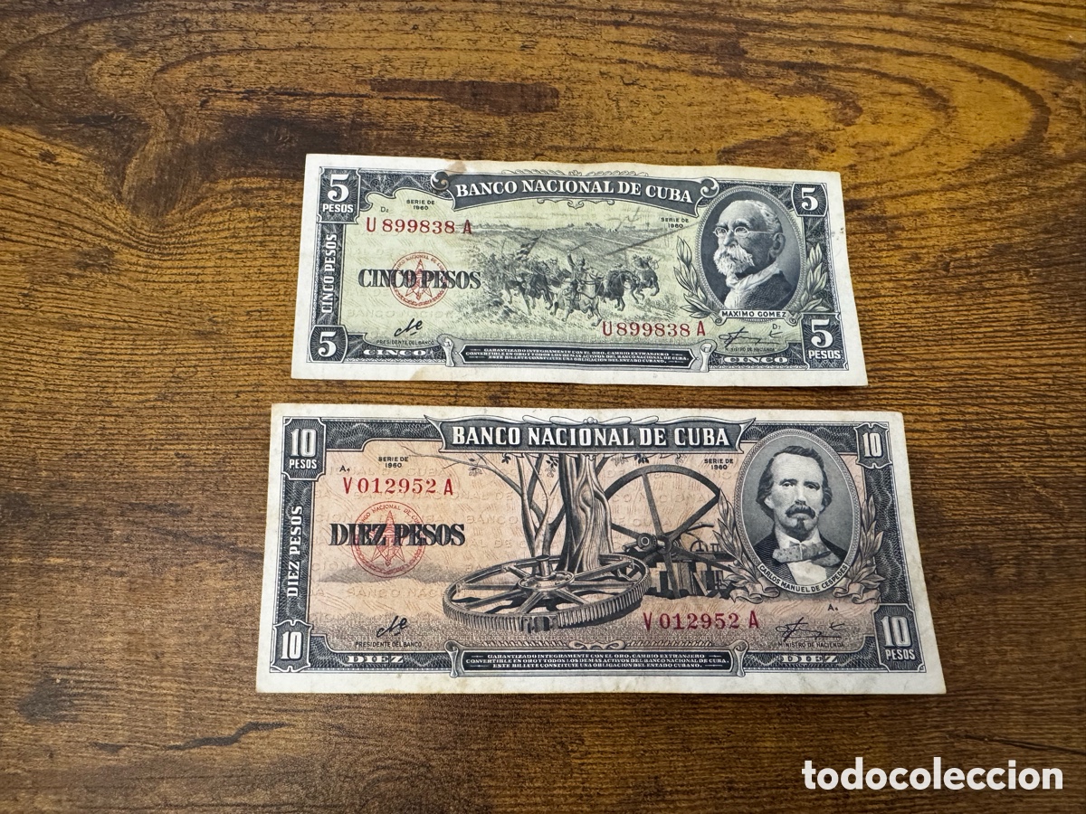 Billetes extranjeros: Lote 2 billetes de 5 y 10 pesos 1960 Cuba. Firma Che Guevara. Circulados