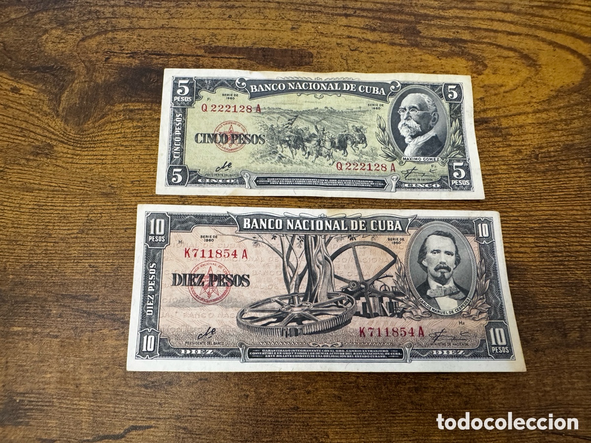 Billetes extranjeros: Lote 2 billetes de 5 y 10 pesos 1960 Cuba. Firma Che Guevara. Circulados