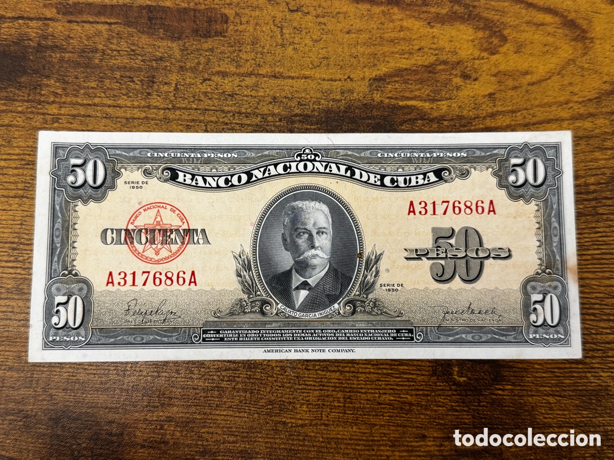 Billetes extranjeros: Billete de 50 pesos 1950 Cuba. No circulo, pero muestra se&ntilde;ales de humedad y agujeros de traza