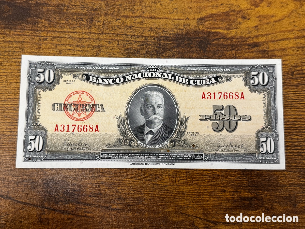 Billetes extranjeros: Billete de 50 pesos 1950 Cuba. No circulo, pero muestra se&ntilde;ales de humedad y agujeros de traza