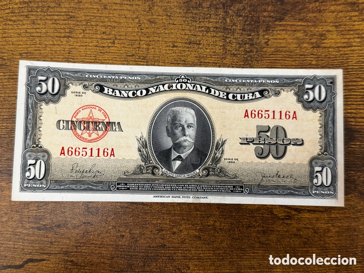 Billetes extranjeros: Billete de 50 pesos 1950 Cuba. No circulo, pero muestra se&ntilde;ales de humedad y agujeros de traza