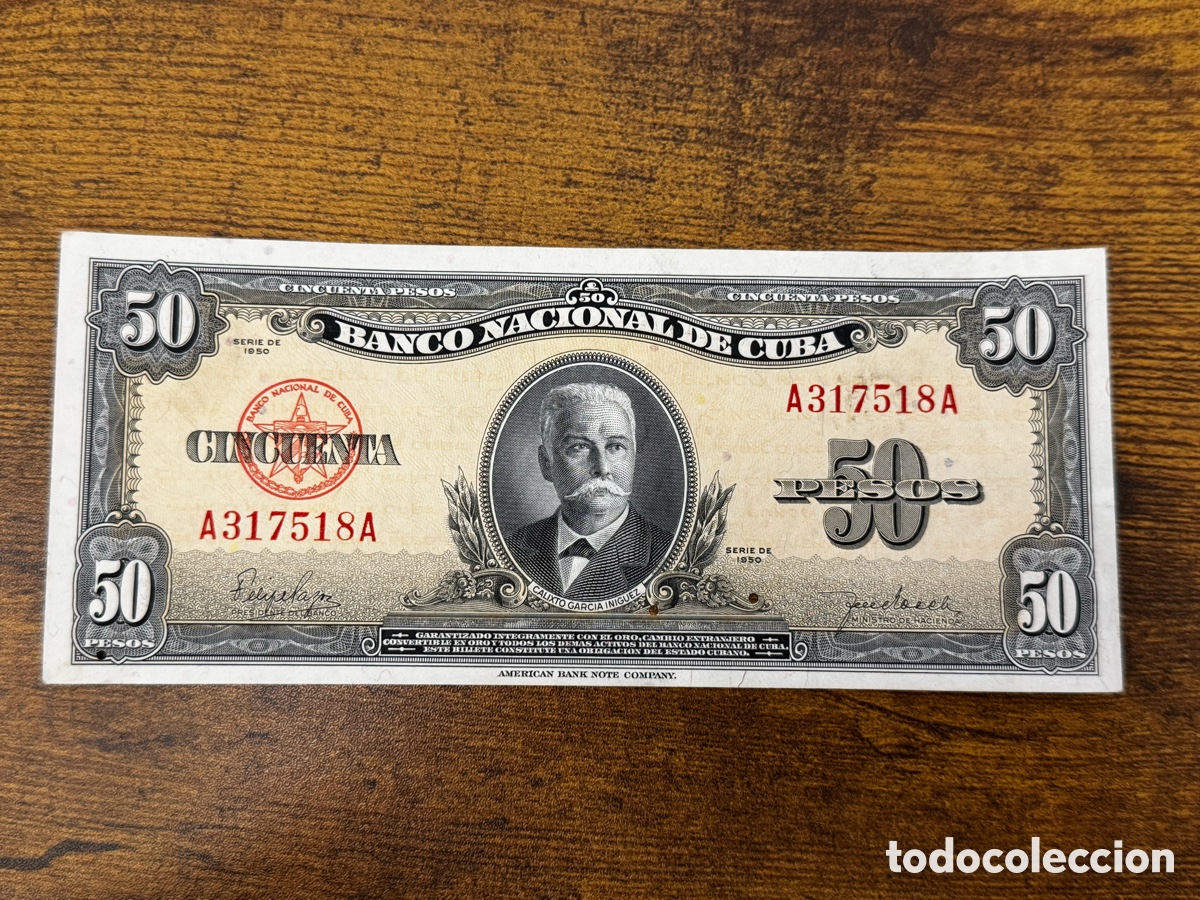 Billetes extranjeros: Billete de 50 pesos 1950 Cuba. No circulo, pero muestra se&ntilde;ales de humedad y agujeros de traza