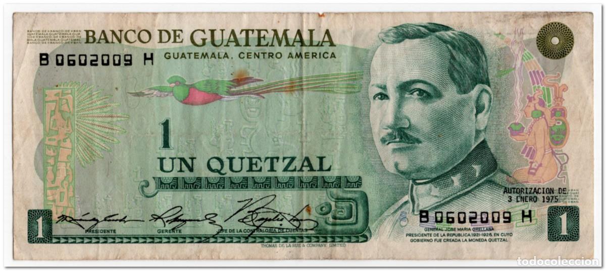 Billetes extranjeros: GUATEMALA,1 QUETZAL,1975,P.59b,VF,MINI TEAR
