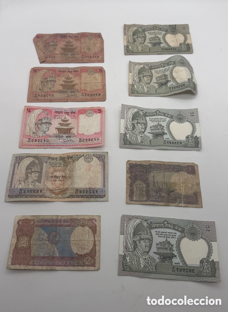 Notas Internacionais: Lote de 10 billetes antiguos de Nepal e India &ndash; rupias asi&aacute;ticas