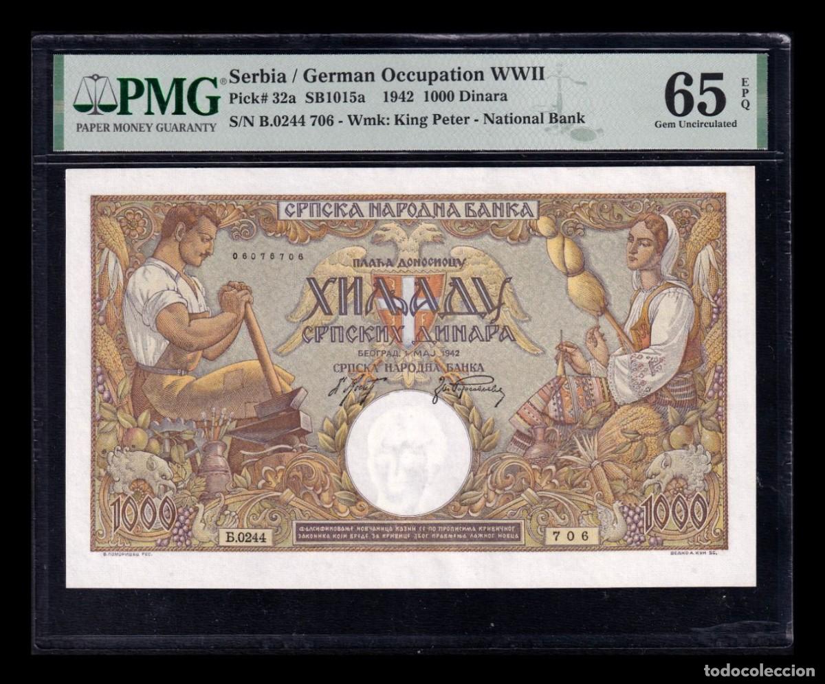 Billetes extranjeros: Serbia 1000 Dinares 1942 Pick 32a PMG 65 EPQ Sc Unc