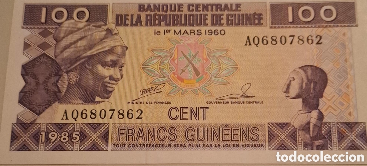 Billetes extranjeros: 2 Billetes 100 francos de guinea 1985