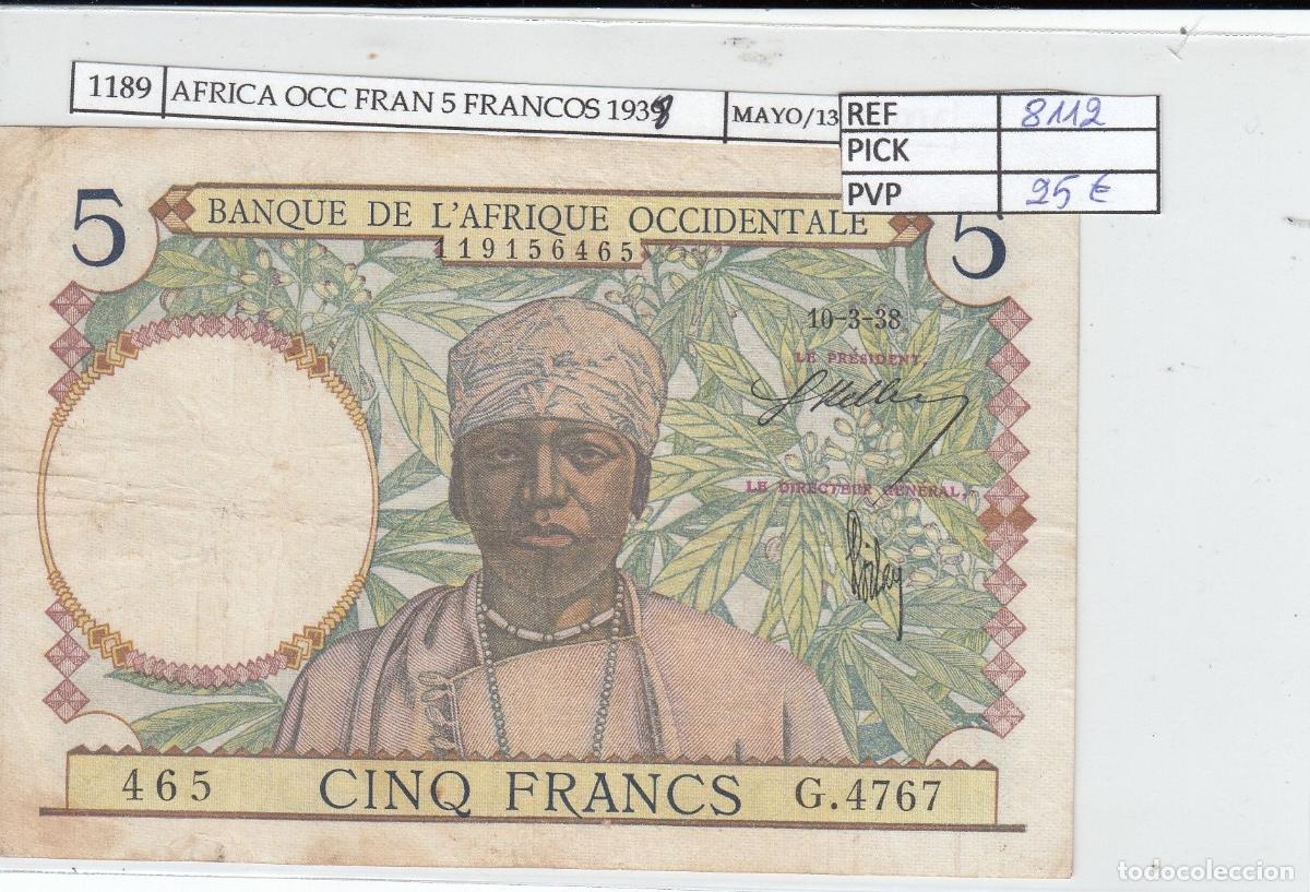 Internationale Banknoten: CRJ1189 BILLETE AFRICA OCC. FRAN. 5 FRANCOS 1938 P-21a.6 MBC-