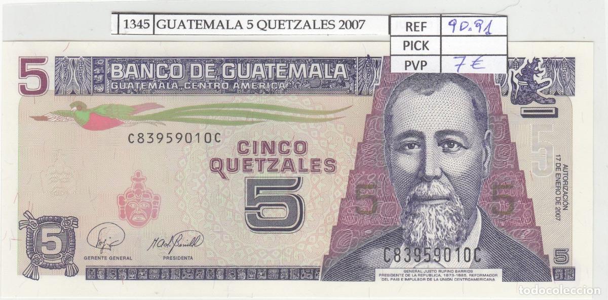 International Banknotes: CRJ1345 BILLETE GUATEMALA 5 QUETZALES 2007 P-106c N01345