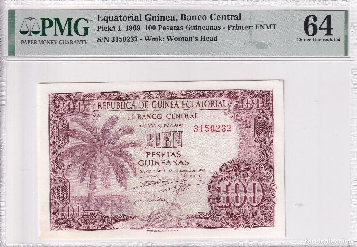 Notas Internacionais: CRPMG016 BILLETE ENCAPSULADO GUINEA 100 PESETAS 1969 PMG 64